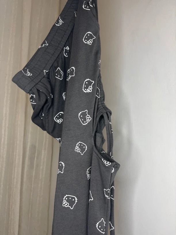 凯蒂灰色微喇裤女kitty印花休闲马蹄微喇裤夏季高街阔腿百搭宽松