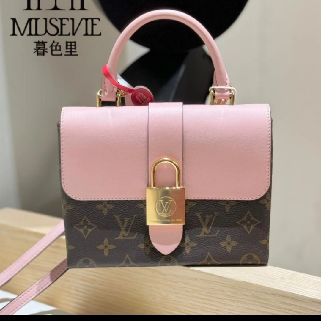 95新 LouisVuitton/路易威登 58599B 粉色拼老花锁头单肩斜挎包