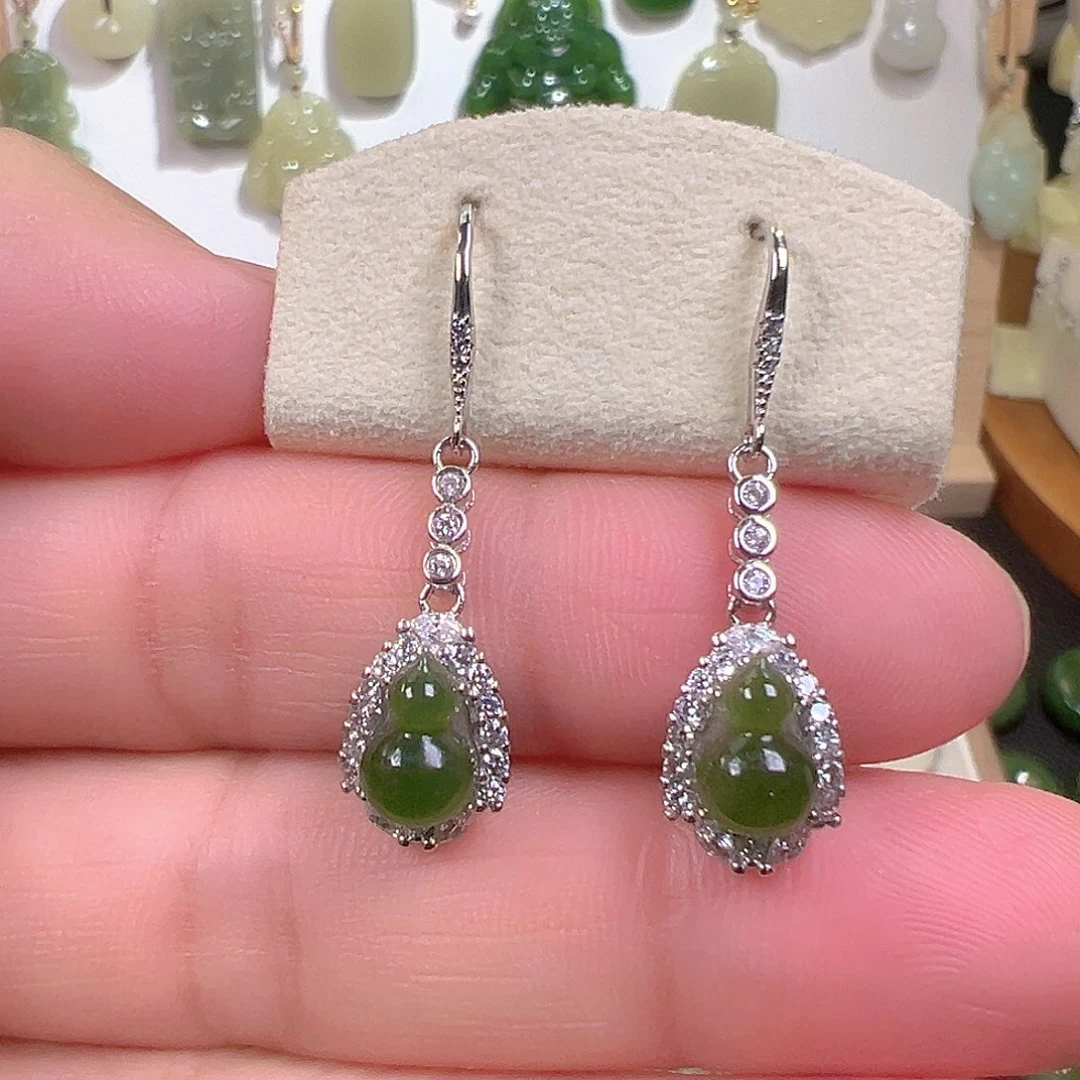 和田玉（碧玉）银S925镶嵌耳饰