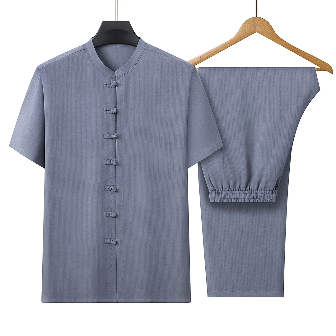 7粒扣新中式男装中老年男士唐装夏季中国风套装爸爸爷爷装两件套