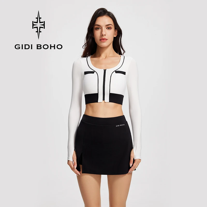 GIDI BOHO/极地薄荷春季新款时尚户外运动撞色紧身长袖健身瑜伽衣