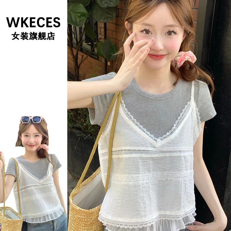 假两件钩花蕾丝吊带短袖T恤女夏季新款设计感别致漂亮上衣韩系ins