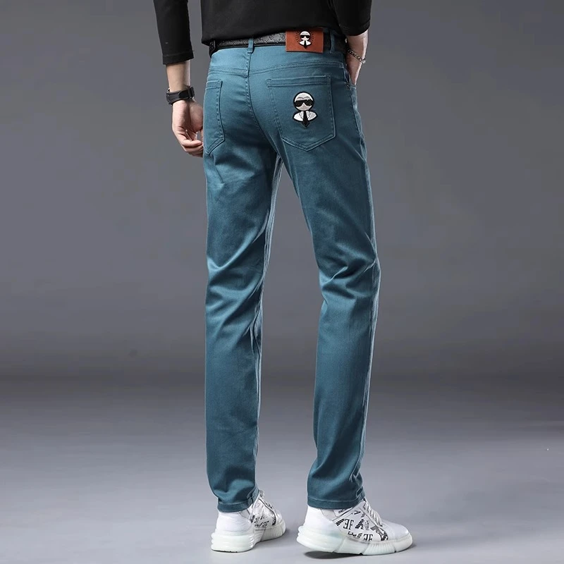 时尚高端墨绿色冰丝牛仔裤男士夏季新款修身小脚弹力百搭休闲长裤