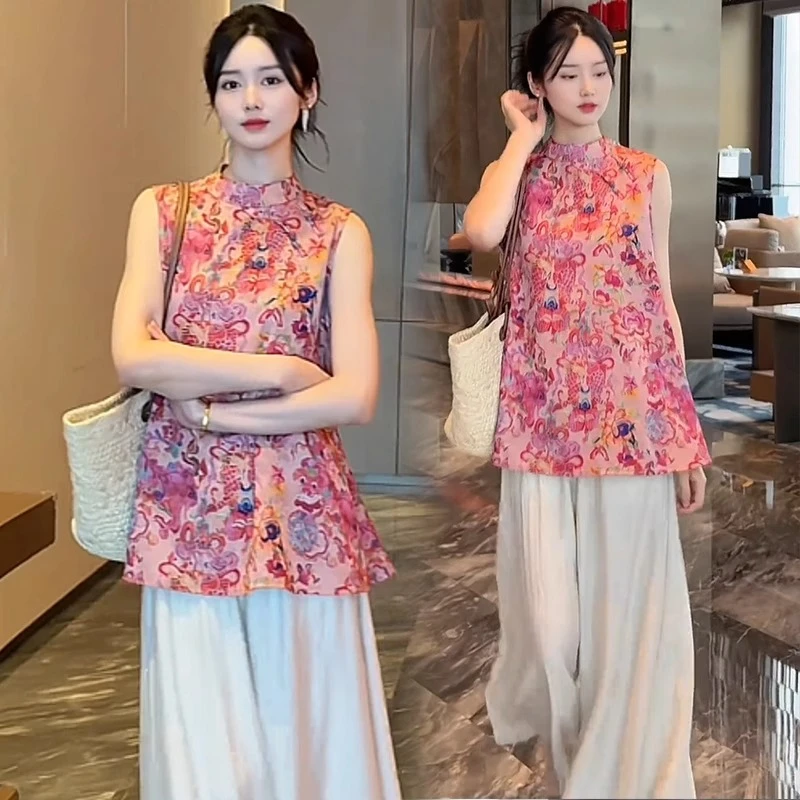 新中式夏季国风套装女2025爆款洋气气质无袖新款上衣阔腿裤两件套