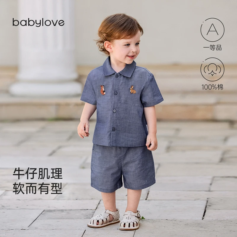 babylove宝宝短袖套装夏季薄款纯棉衬衫t恤短裤两件套休闲外出服