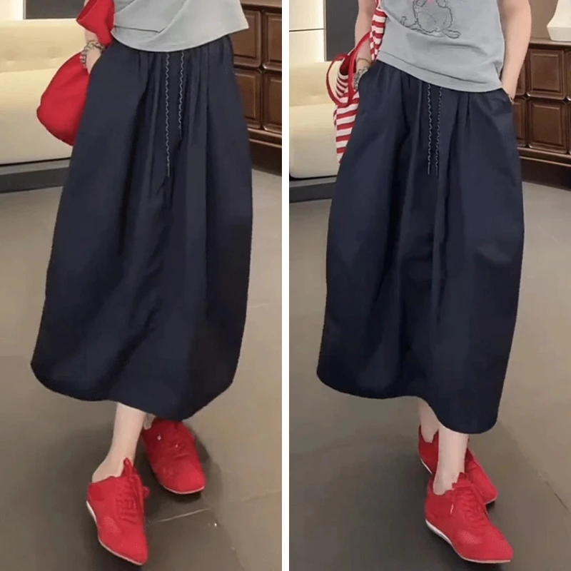 韩系松紧腰花苞半身裙女夏季新款时尚显瘦休闲南瓜裙简约工装裙潮