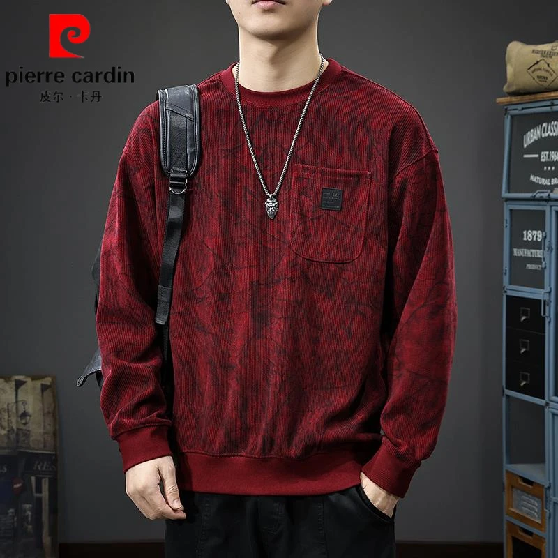 皮尔卡丹冬季高端卫衣男美式时尚圆领套头宽松百搭加绒打底衫潮牌