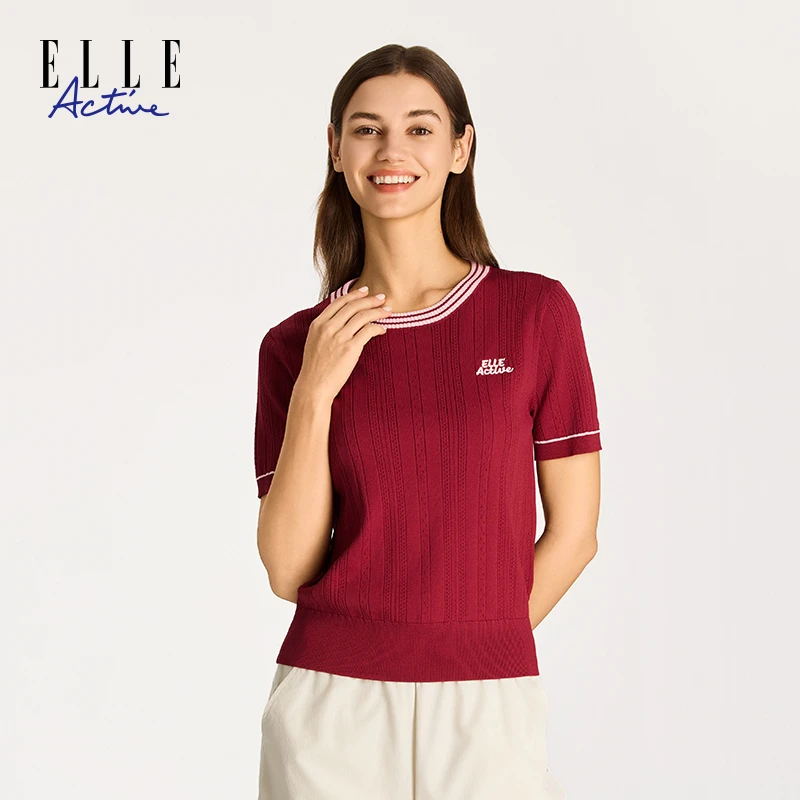 ELLE Active2025年夏新款短袖针织衫女装休闲时尚圆领撞色T恤上衣