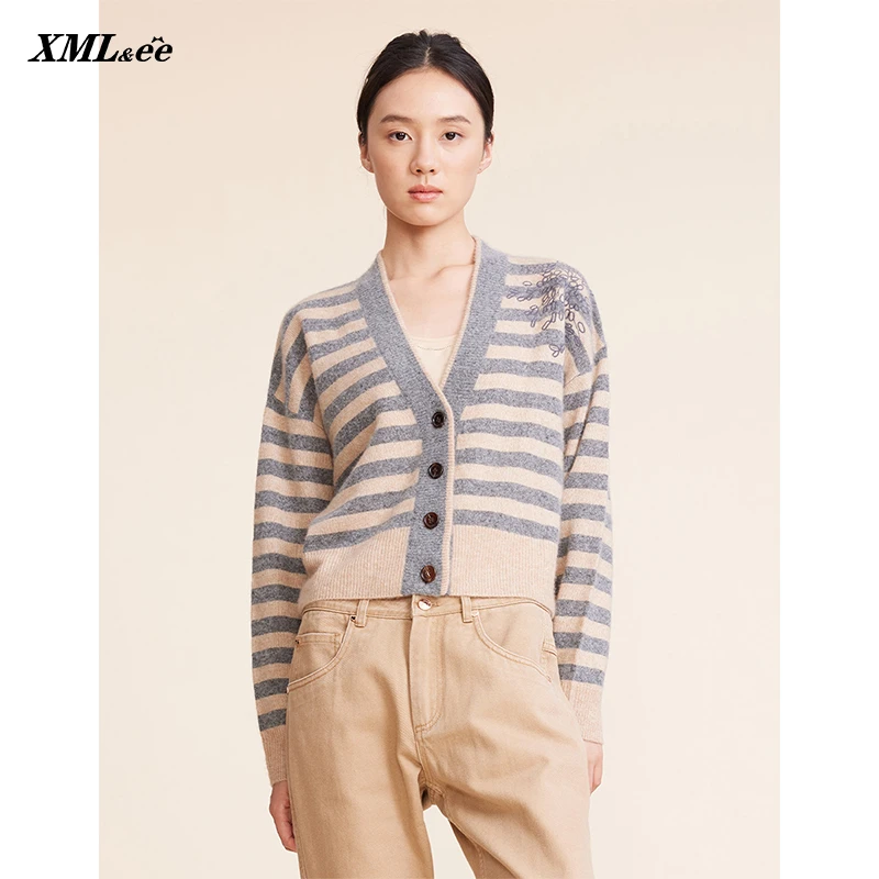 XMLee艾米尔 灰色条纹山羊绒V领百搭针织开衫 X333S3908