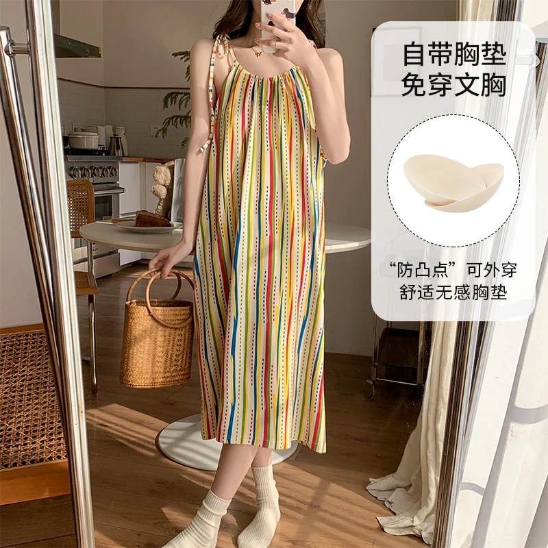 吊带睡裙女夏季薄款带胸垫睡衣女士可爱卡通宽松防凸点无袖家居服