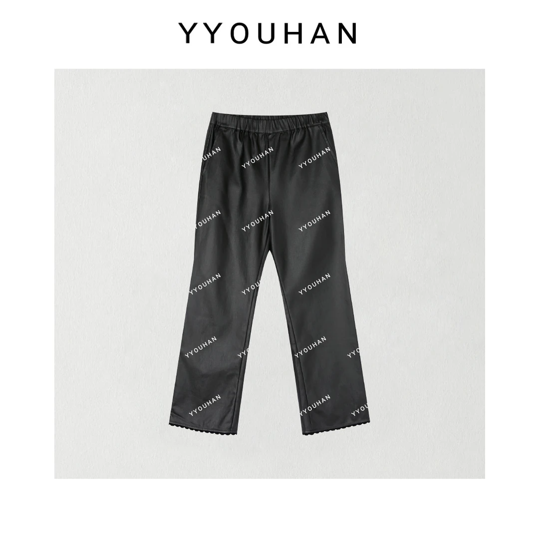 月月 2025秋冬显瘦休闲长裤灯芯绒点缀拼接百搭皮裤 2510C6518