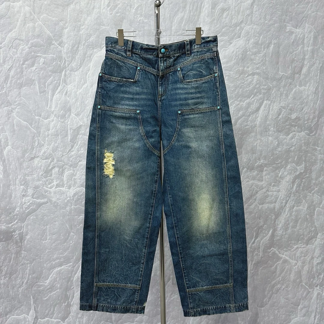 未使用 LouisVuitton/路易威登 FW24 破坏绿松石长裤31码P01442