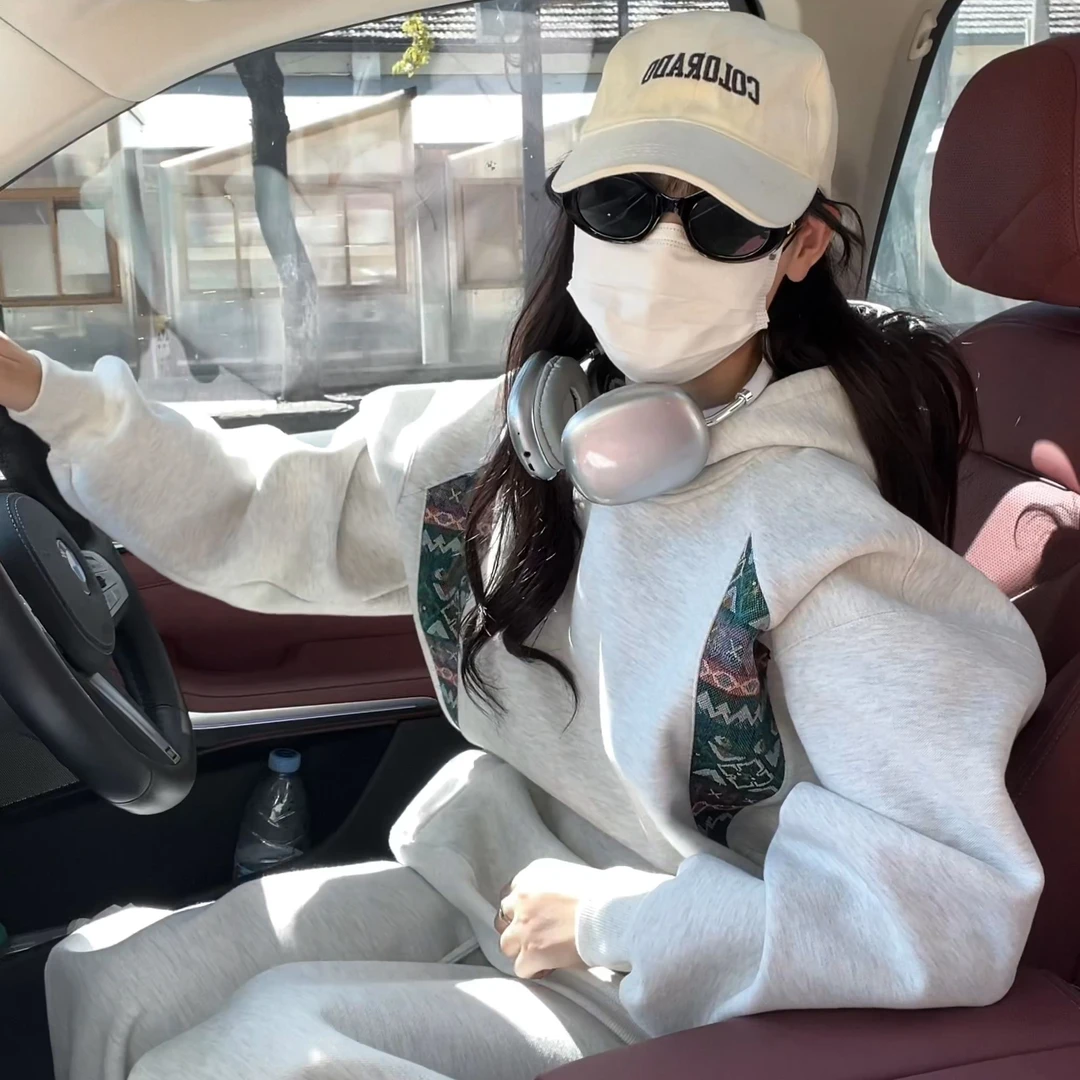 美式宽松民族风拼接连帽卫衣男秋冬加绒加厚慵懒风套头外套上衣潮