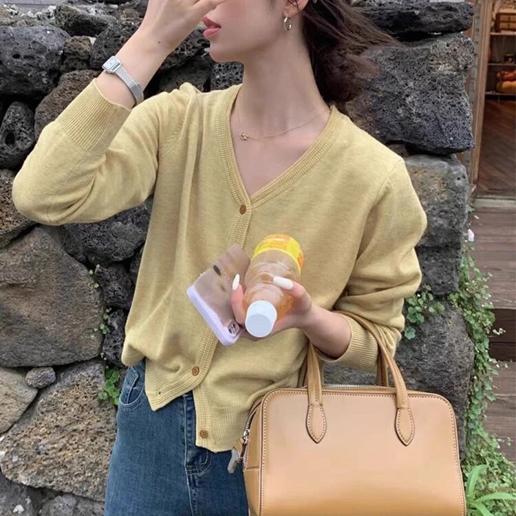 早秋V领长袖针织开衫时尚百搭宽松韩版休闲显瘦洋气毛衣外套上衣