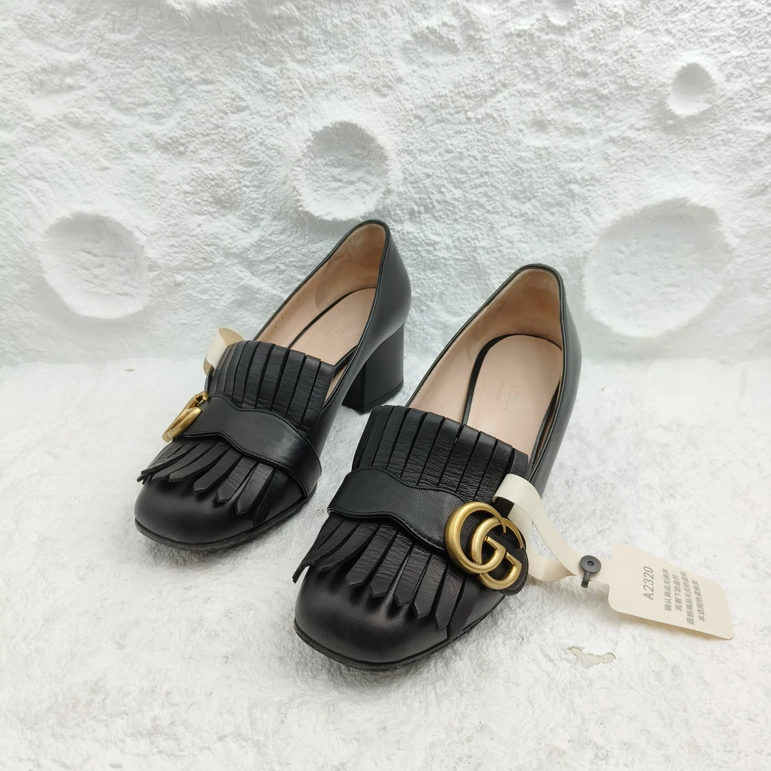 99新 GUCCI/古驰 双G流苏粗跟女士皮鞋/36码/A2320