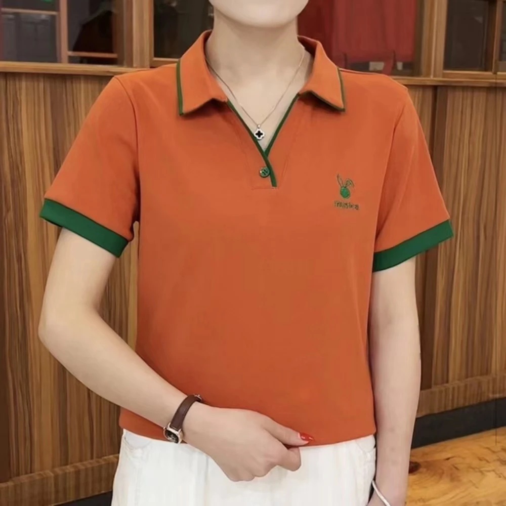 字母刺绣POLO领洋气上衣2025夏季新款时尚妈妈装大码显瘦短袖体恤
