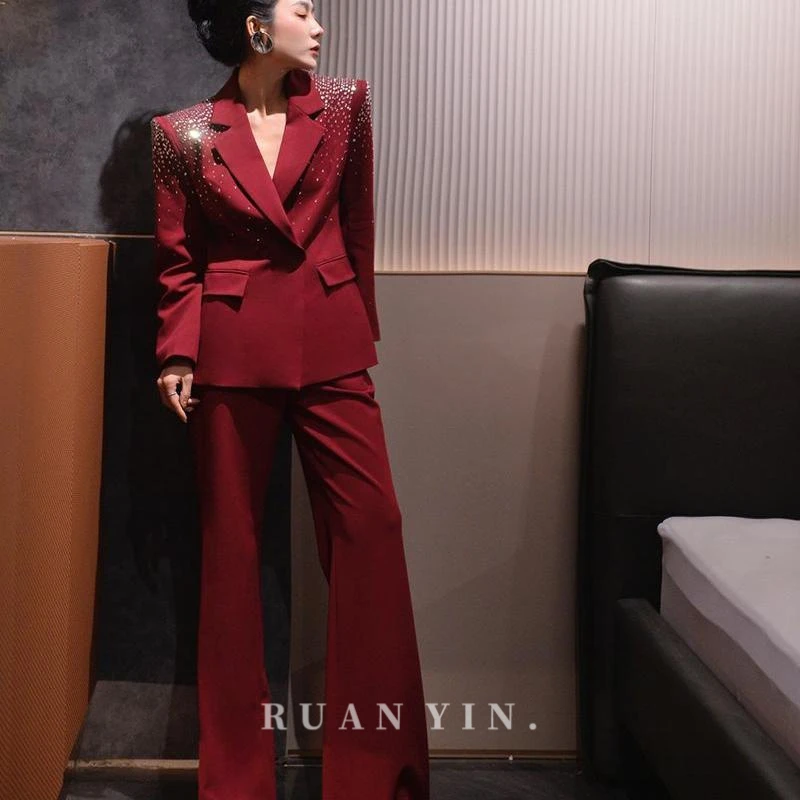 阮音高级感穿搭春夏西装时尚职业套装女显瘦烫钻气质优雅阔腿裤女