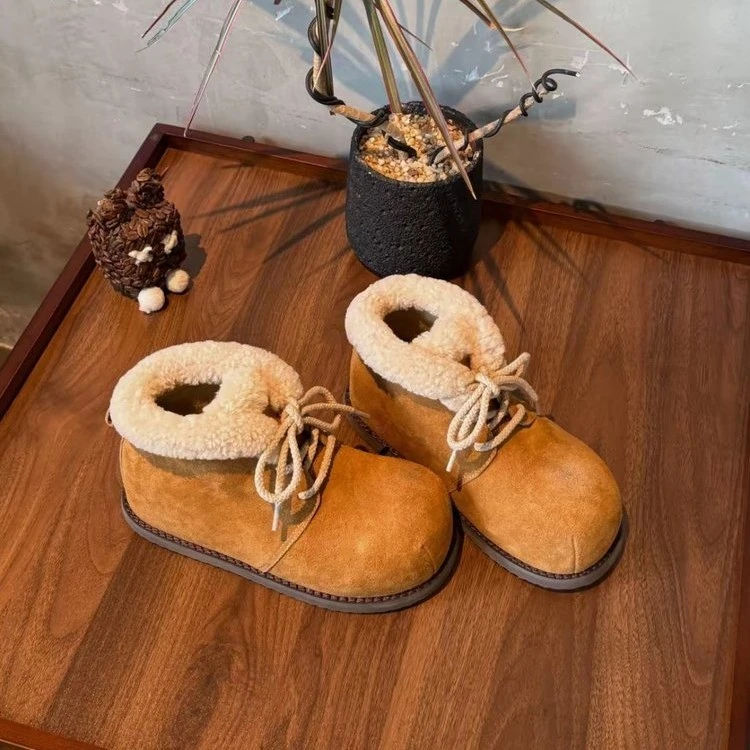 平底雪地靴加绒短靴女2024秋冬新款系带毛毛靴保暖棉靴韩版勃肯靴