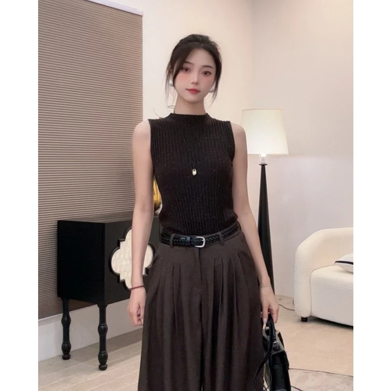 复古咖色针织背心女修身显瘦夏季2025新款打底衫露肩无袖上衣002