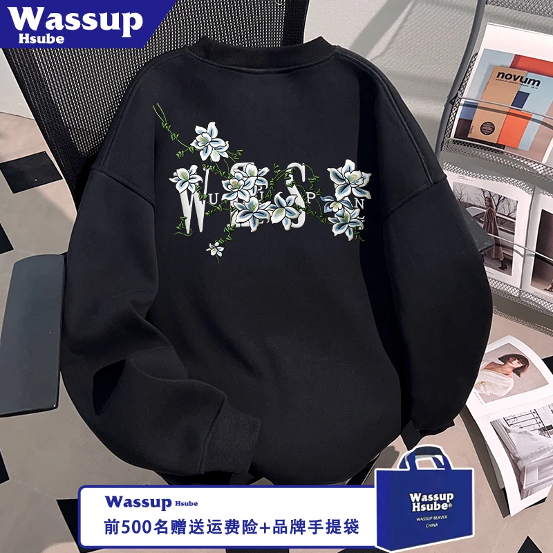 WASSUP HSUBE秋冬季美式刺绣潮牌黑色创意设计感图案情侣男女卫衣
