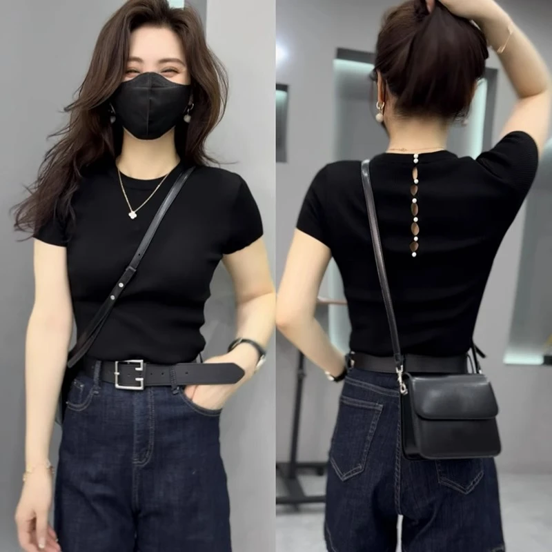 今年流行爆款2025夏季新款正肩针织衫女短袖修身显瘦打底衫女上衣