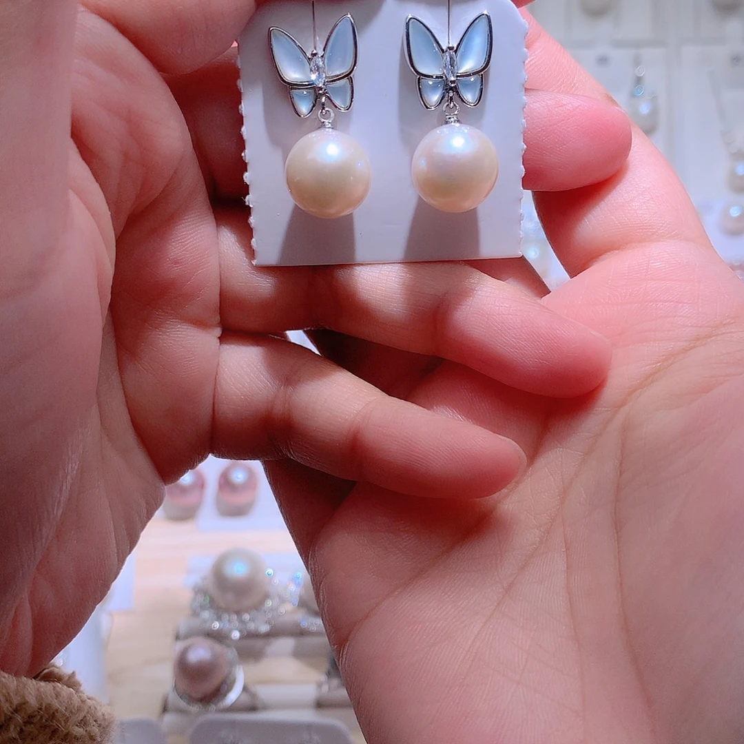 银S925镶嵌淡水珍珠耳饰CC11.9mm