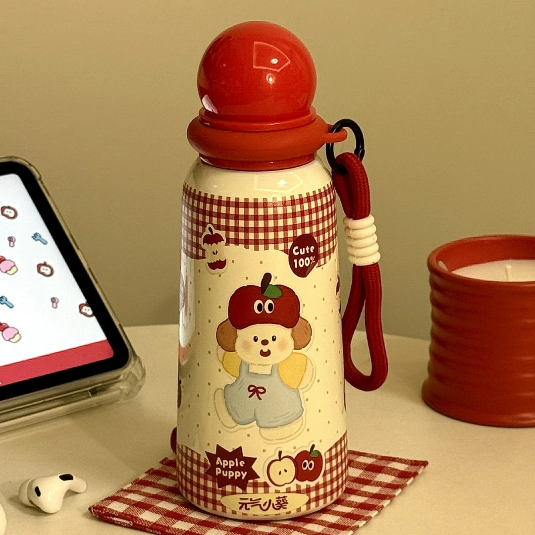 苹果小狗保温杯女生高颜值水杯带吸管2025新款学生杯子手提便携