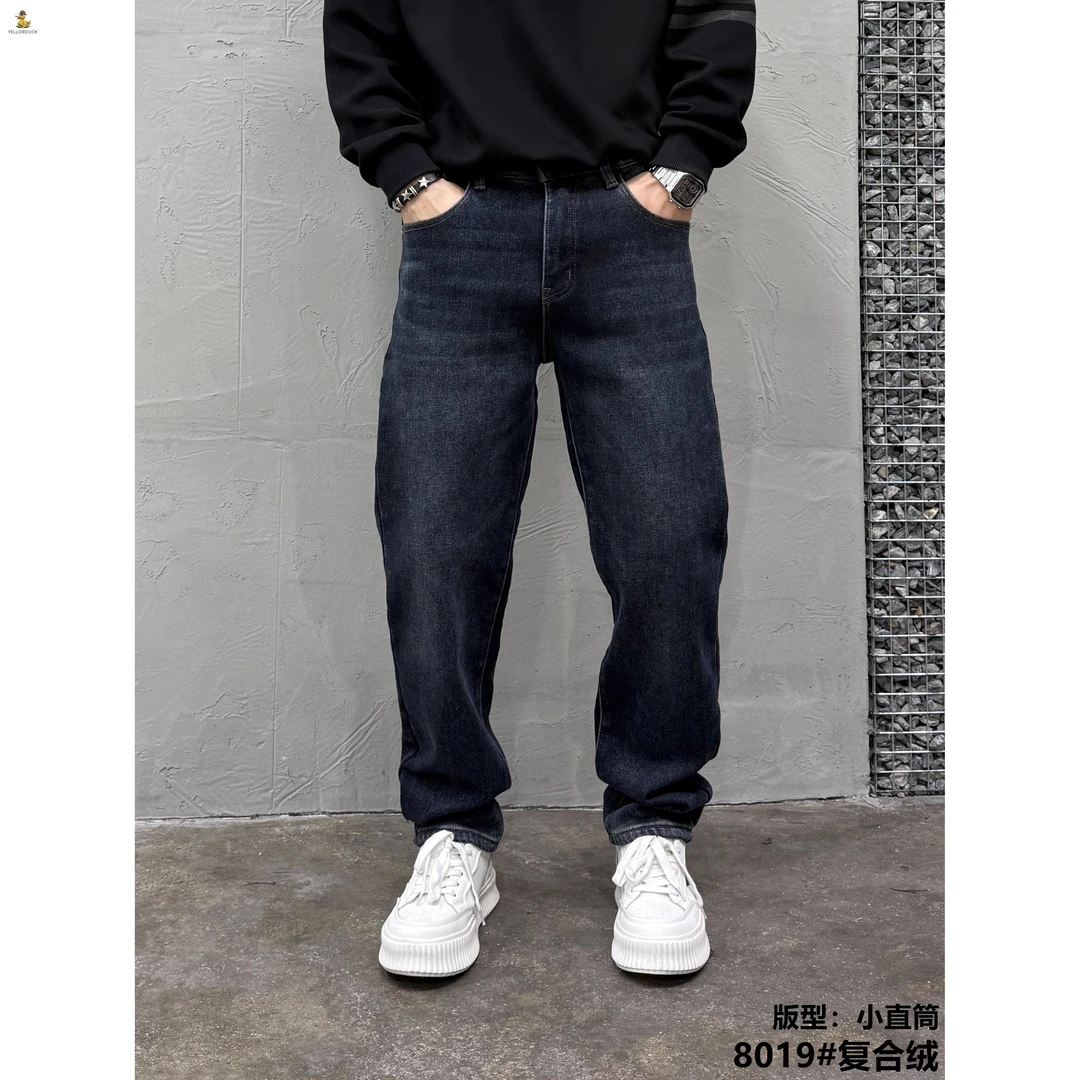 男装冬季牛仔长裤复合绒保暖修身显瘦弹力韩版时尚水洗蓝色长裤子