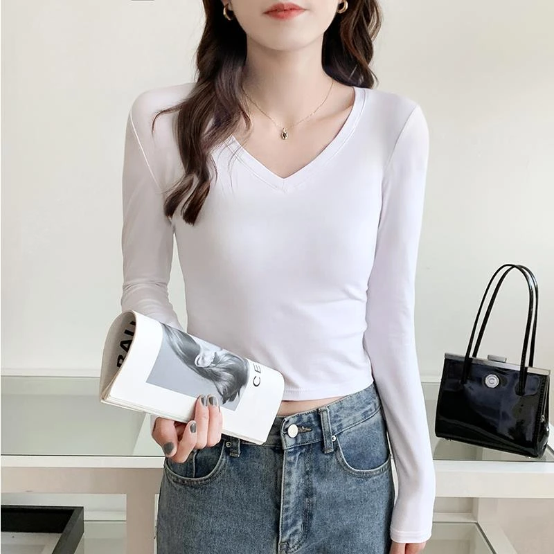 杜拉妮白色短款v领t恤女长袖修身百搭上衣2025新款春夏装紧身内搭