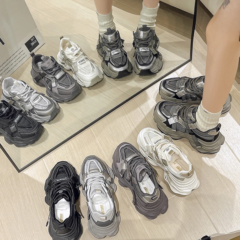 网面老爹鞋女厚底松糕2025年春季新款百搭爆款小个子增高休闲女鞋