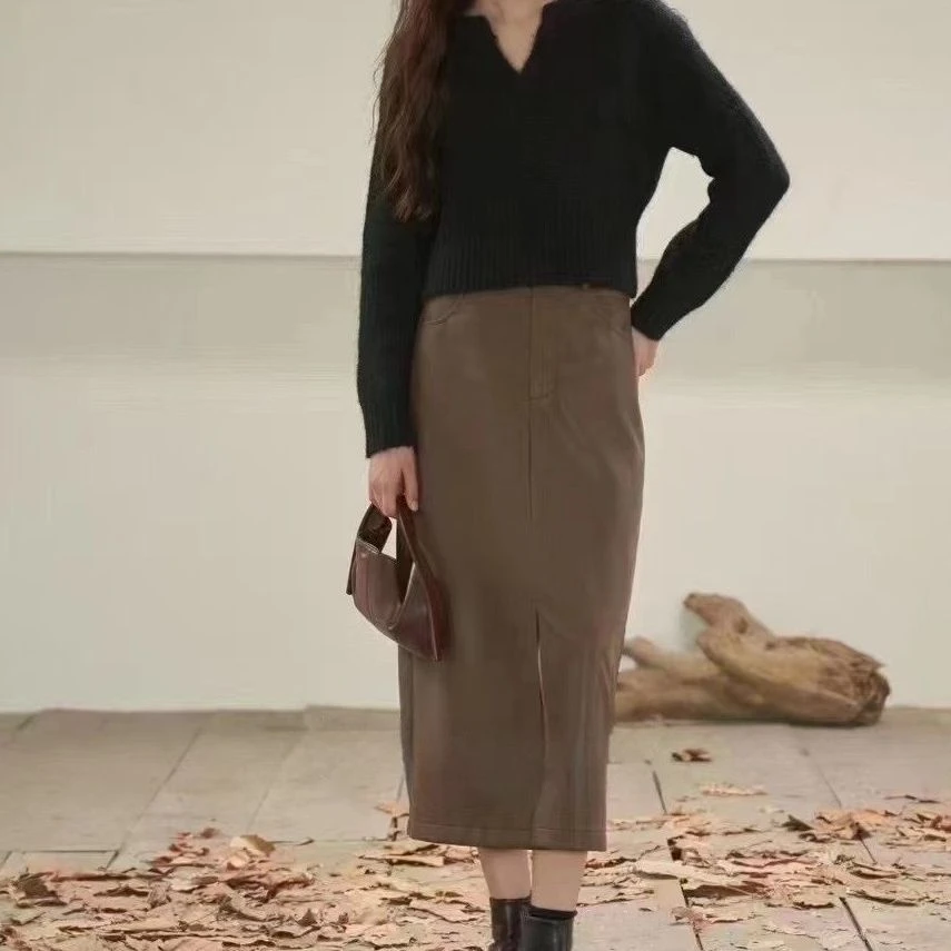 KIKI严选：11002-欧洲站新款高级感复古小众气质高腰开叉半身皮裙