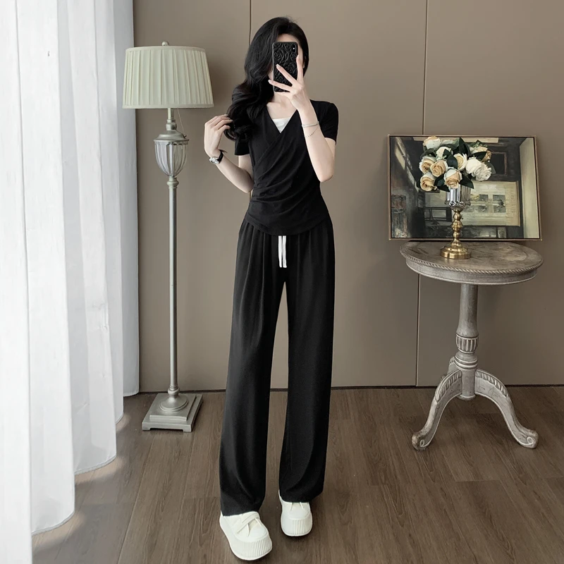 2025夏季新款短袖时尚休闲运动套装女气质显瘦垂感阔腿裤两件套