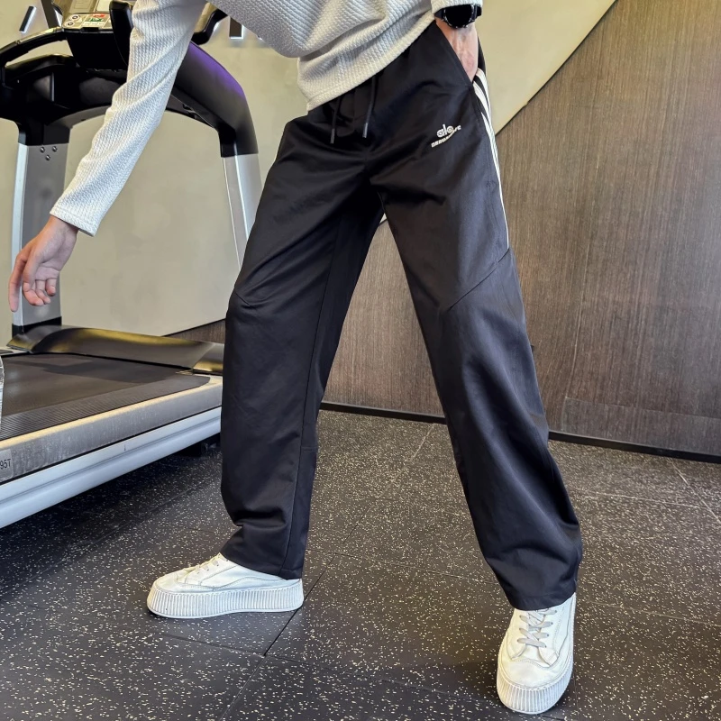 三道杠拼接撞色裤子男春秋款潮流个性印花直筒裤潮牌高级感阔腿裤