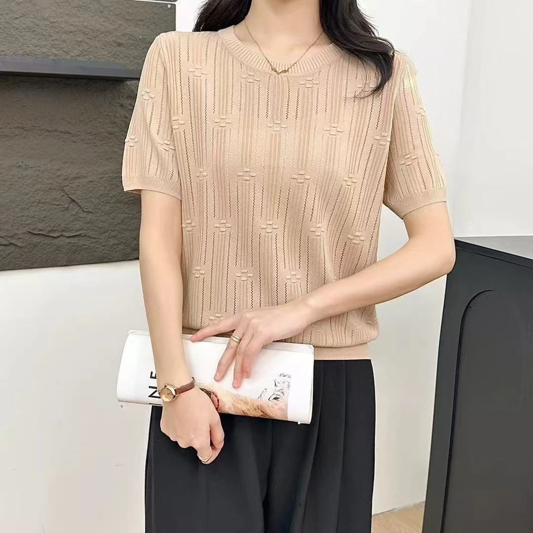 毛针织衫极简风圆领刺绣短袖气质女装夏季洋气毛衣针织衫上衣