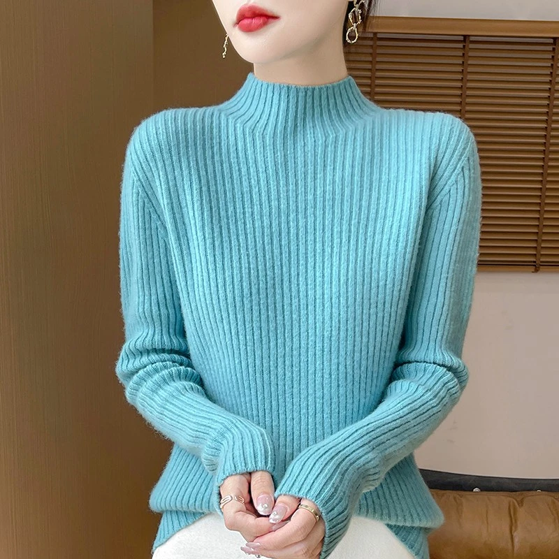 【半高领坑条羊毛】毛衣女厚款羊毛衫秋冬保暖内搭修身针织打底衫