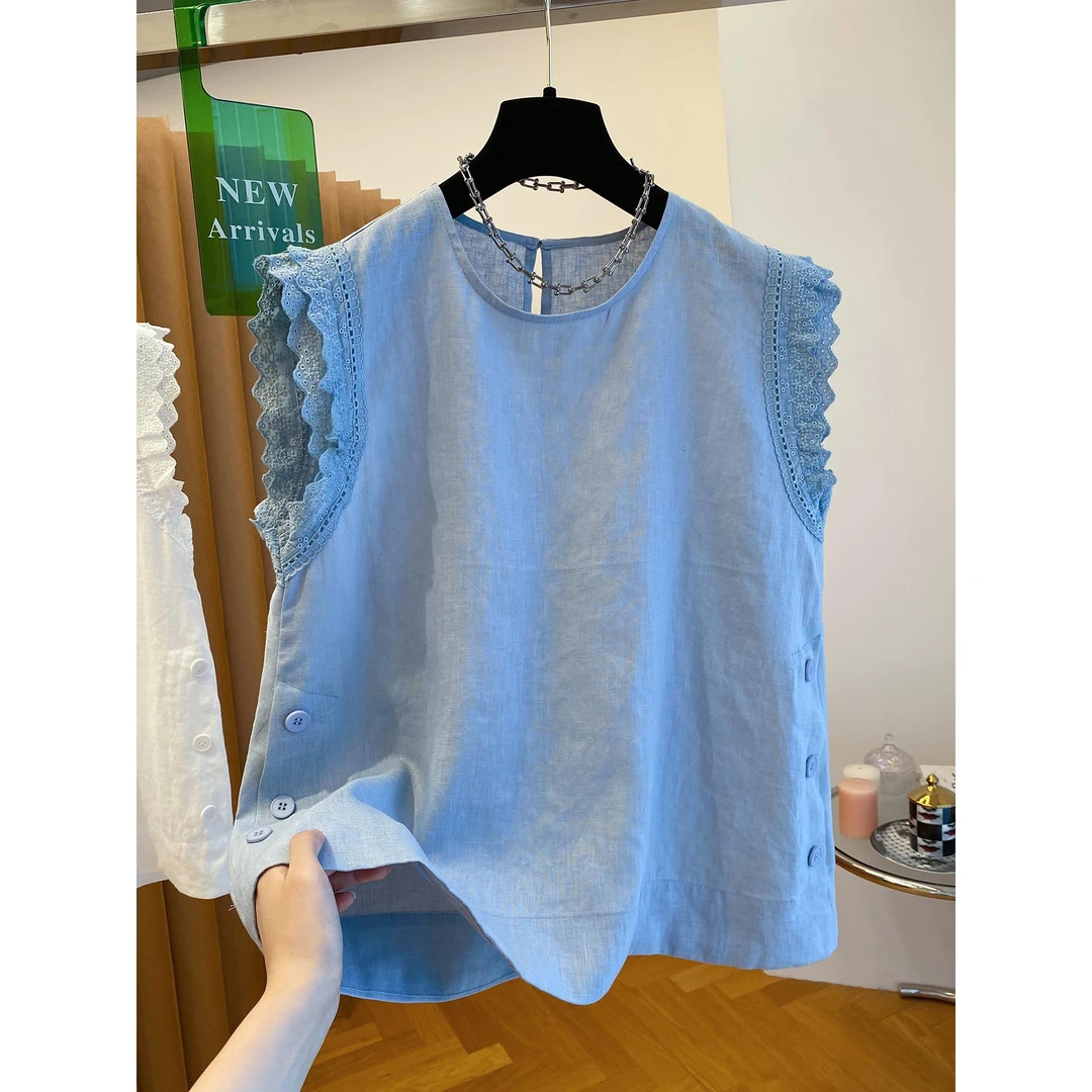 蕾丝拼接亚麻无袖上衣夏季2025新款大码宽松洋气蓝色飞飞袖小衫男