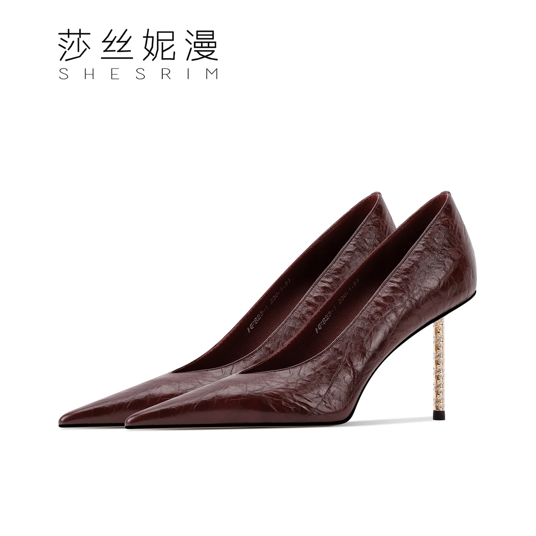 「8.5CM」秋季尖头细高跟女士浅口单鞋上新抓褶风新款浅口高跟单鞋