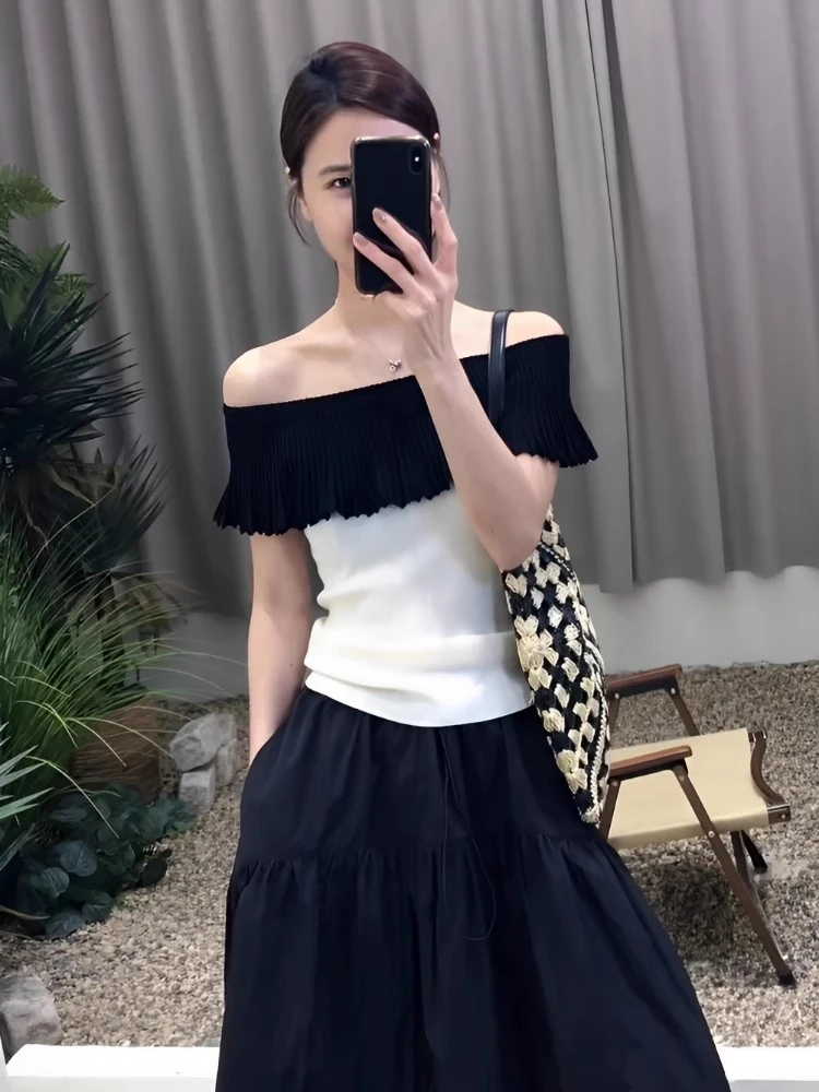 夏季新款短袖针织衫女法式设计感小众露肩一字领百搭收腰拼接上衣