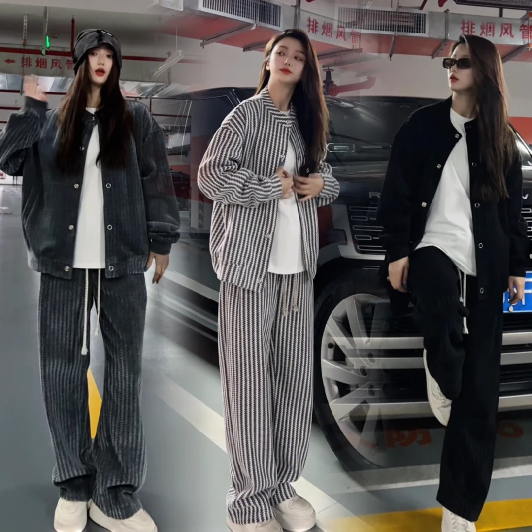 休闲美式竖条纹棒球领外套套装男宽松休闲裤两件套秋季