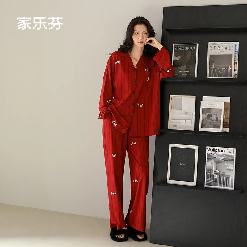 家乐芬大红色睡衣女春秋季纯棉长袖家居服马年条纹小狗本命年套装