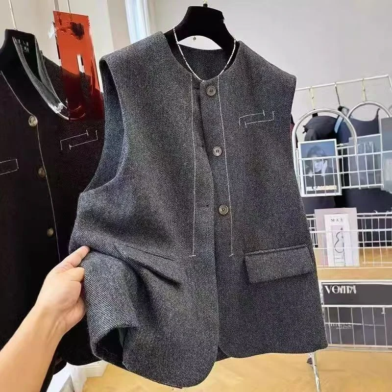 圆领马夹秋冬新款外套女休闲马甲套装灰色休闲无袖秋季