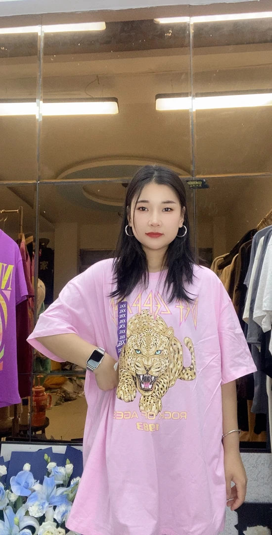 外贸大码纯棉T恤粉色豹子图案