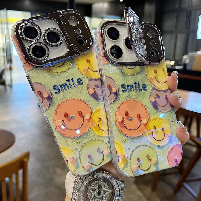 适用苹果系列iPhone17新款手机ins小众Smile笑脸枪色精孔镜框支架
