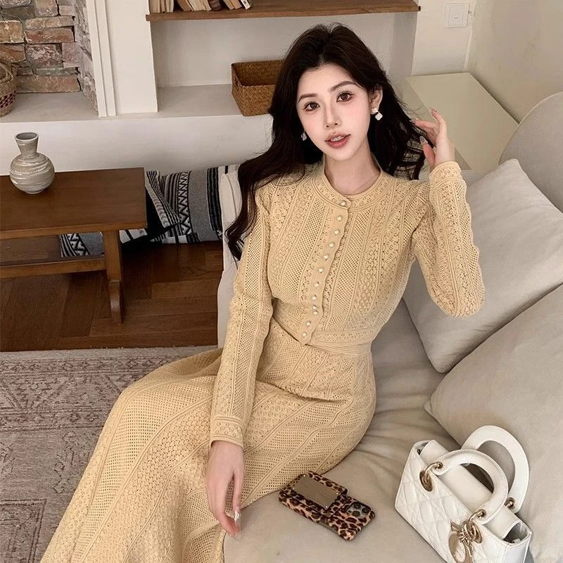轻奢立体粘胶针织奶茶色优雅精致通勤上衣高腰半身长裙小香风套装