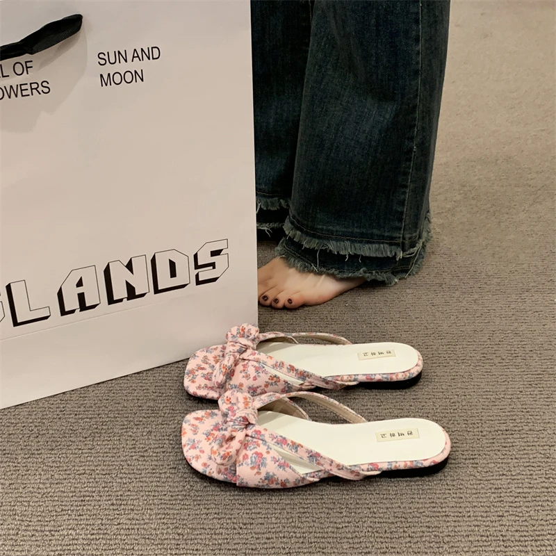 平底一字拖鞋蝴蝶结夏季一字拖方头法式夹脚粗跟夹趾凉拖鞋