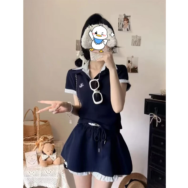 大码微胖学院风套装短袖Polo领上衣半身裙两件套短裙9111-1#