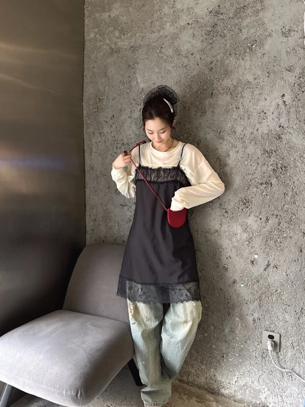 东大门呼吸家蕾丝可调节吊带裙（no退no退