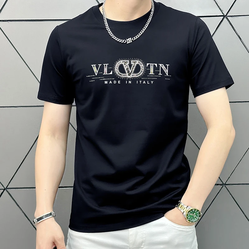 夏季高档T恤男士丝光棉半袖凉爽百搭烫钻圆领修身冰丝印花短袖男