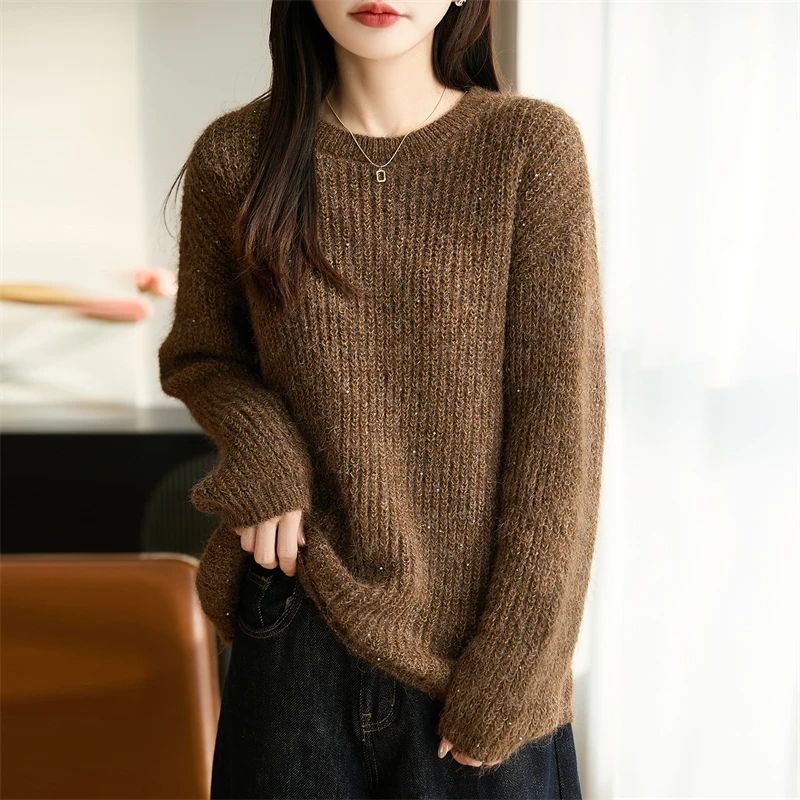 鄂尔斯市宽松慵懒风纯100羊毛衫秋冬新款洋气毛衣纯色羊绒打底衫