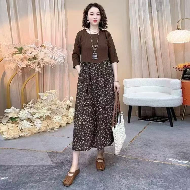 阿芝5873-K013新款复古洋气拼接妈妈大码夏季宽松显瘦碎花短袖